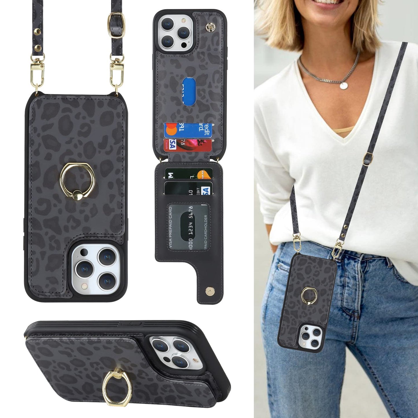 Lipvina For Iphone 14 Pro Case With Card Holder For Women,Phone Case With Strap,Crossbody Lanyard,Ring Stand,Snap Clasp,Cute Wal