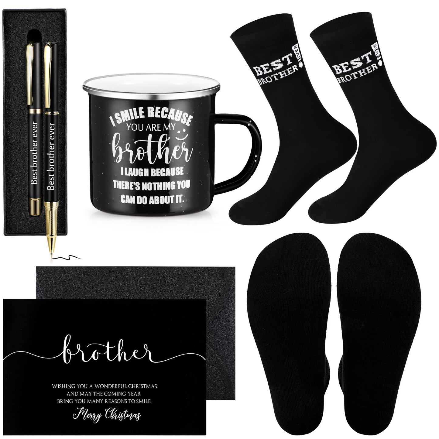 ReliThick 6 Pcs Brother Gifts from Sister Included I Smile Because You're My Brother 12 oz Enamel Mug Socks Ballpoint Pen with Pen Box Greeting Card Birthday Thanksgiving Friends Gifts