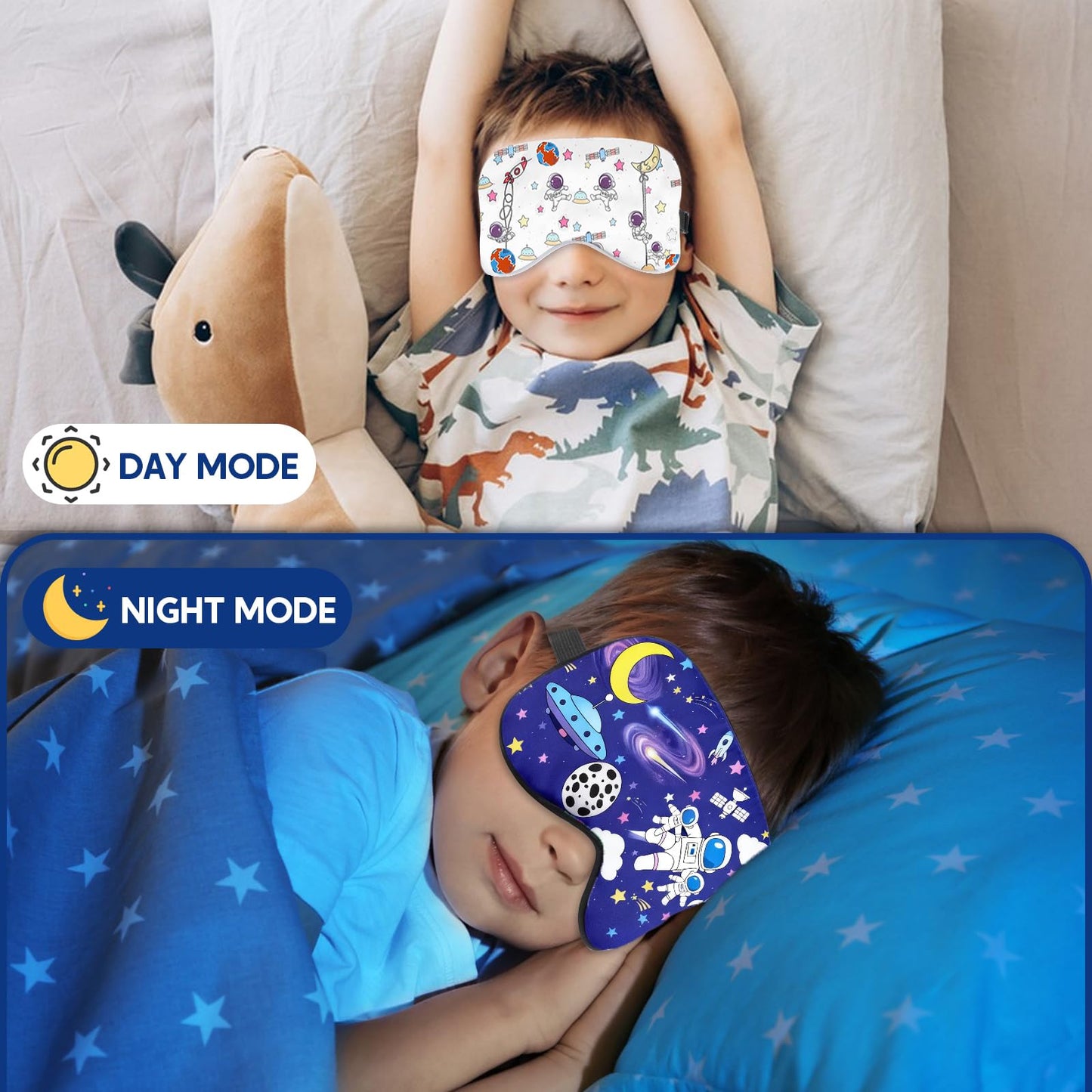 2 Pcs Sleep Mask for Kids Boys, Silk Eye Covers for Sleeping, Adjustable Strap & Light Blocking Design, Children's Bedtime Blindfold for Travel and Home Use (Astronaut)
