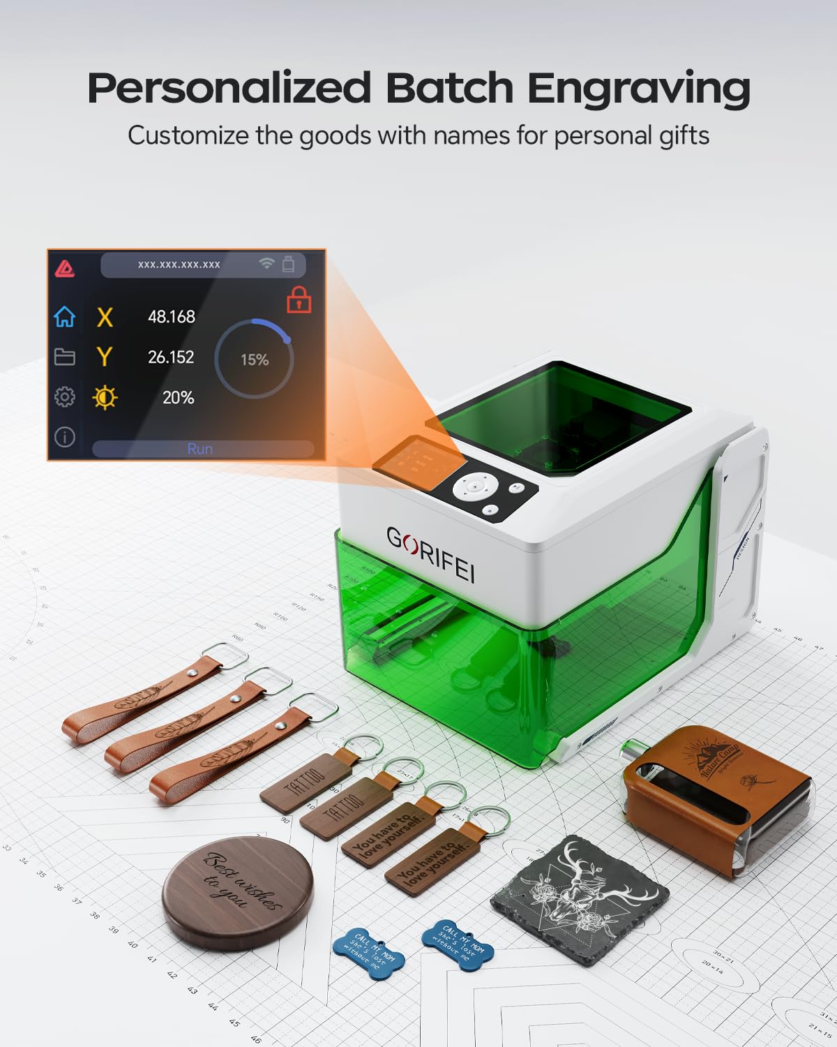 Gorifei F1 5000mW Laser Engraver Machine, Portable & Smart with Display Screen, Wireless/SD Card/Offline Engraving, Deeplaser Self Developed System for Wood, Acrylic, Leather, Laser Class 1