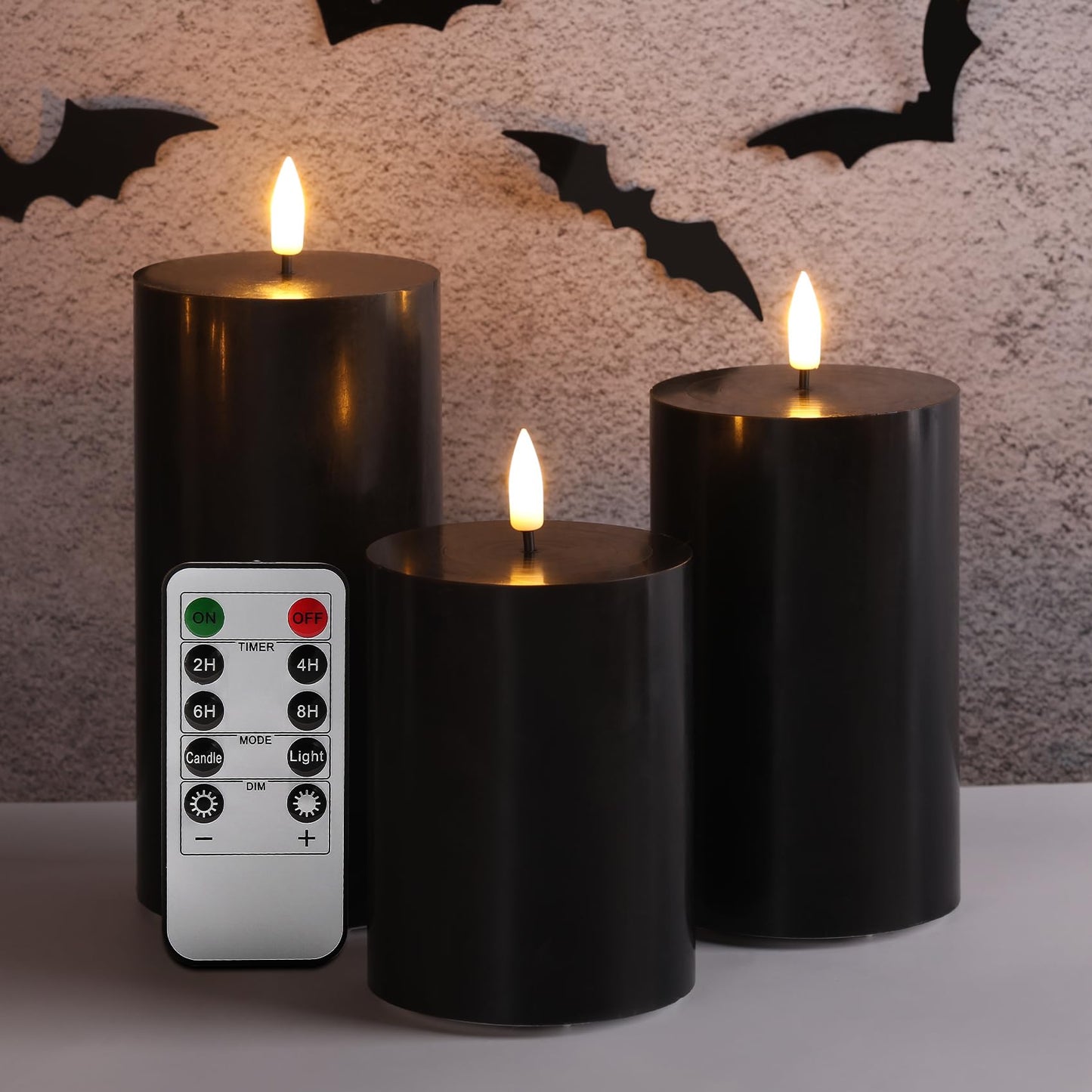 Girimax Black Halloween Flameless Candles with Remote, LED Pillar Candles Set of 3, Flickering Real Wax Electric Candles Battery Operated