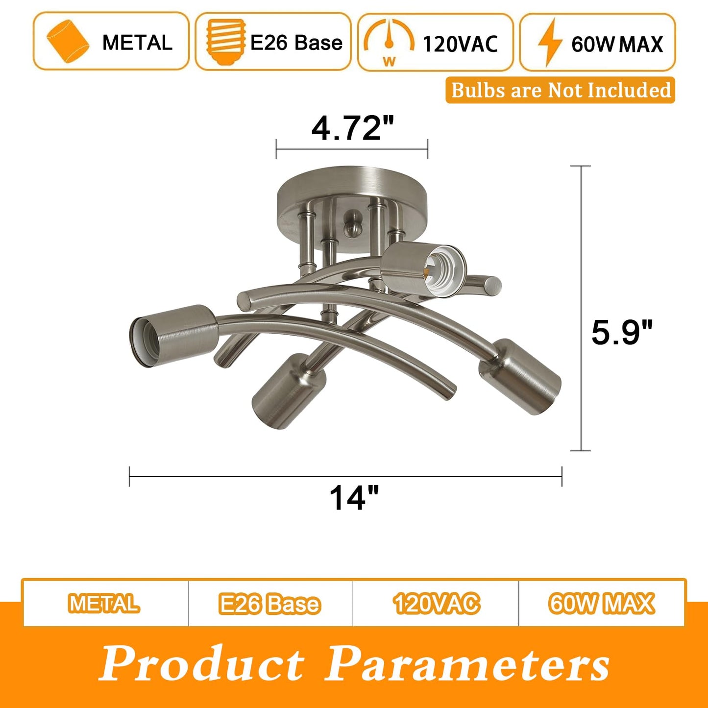 BUXVRCS Semi Flush Mount Ceiling Light Fixture, Modern Sputnik Chandelier Light Fixtures, Industrial Kitchen Light Fixtures Ceiling Mount, 4-Light Dining Room Light Fixture Bedroom (Brushed Nickel)