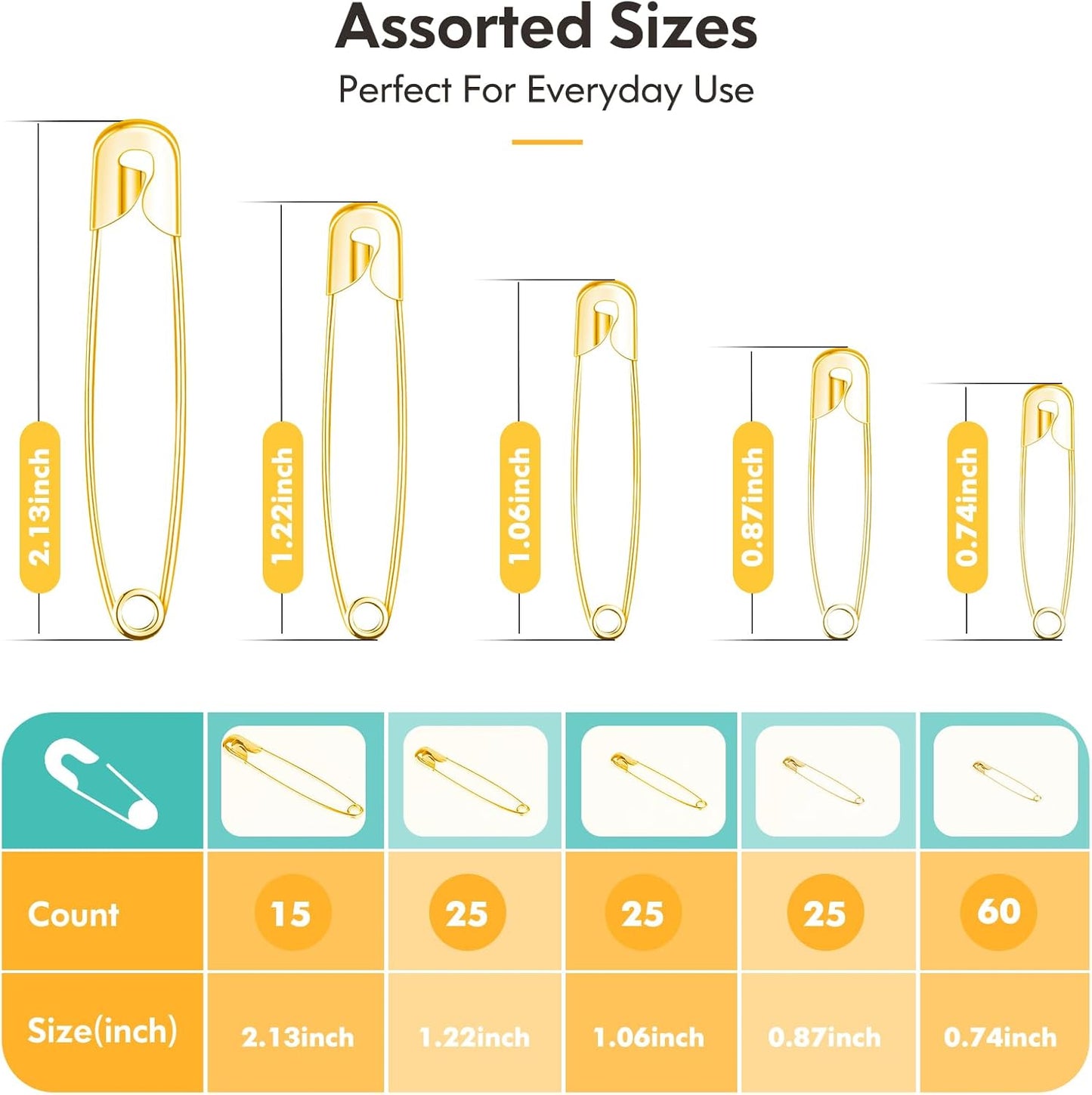 Huhuhero Safety Pins Assorted, 160-Pack 5 Different Sizes Small and Large Safety Pins for Clothes Fabric Costume, Nickel Plated Steel Pin Bulk, Sewing Arts Crafts Supplies, Gold