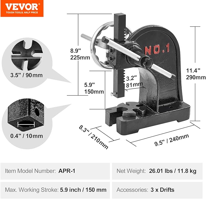 VEVOR Arbor Press, 1 Ton Manual Arbor Press with Handwheel, 5.9" Maximum Height, Cast Iron Heavy-duty Manual Desktop Arbor Press, Precision Hand Press for Stamping, Bending, Stretching, Forming