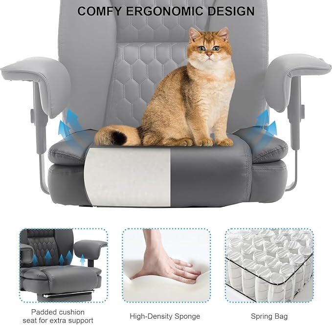 Reclining Office Chair with Footrest, 400Lb Big Tall Office Chair with Lumbar Support Pu Leather Computer Swivel Executive Chairs for Adult, High Back Recliner Office Desk Chair,Grey
