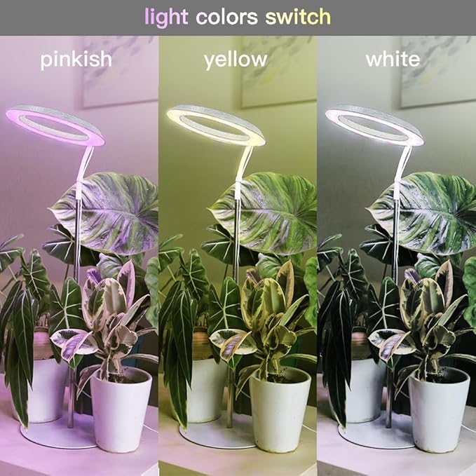 Qux 10” Halo Pro Grow Light,Full Spectrum LED Freestanting Plant Grow Lamp for Indoor Larger Plants with 3 Kind of Light Colors switchover & 10-Level Dimmable,Auto On Off Timing 4/8/12Hrs (Relief)