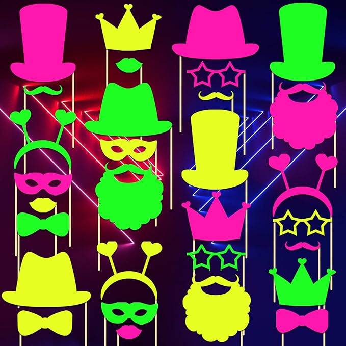 Skylety 24 Pcs Neon Photo Booth Props Glow Photo Booth Fully Assembled Neon Glow Party Colorful Black Light Fluorescent Pa...