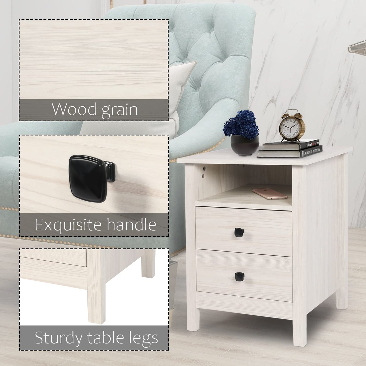 Vikiullf Dresser and Nightstand Set - 3 Pieces Bedroom Set with 7 Drawers Chest and 2 Drawer Night Stands, Wooden Storage Cabient for Bedroom, White Wood Grain