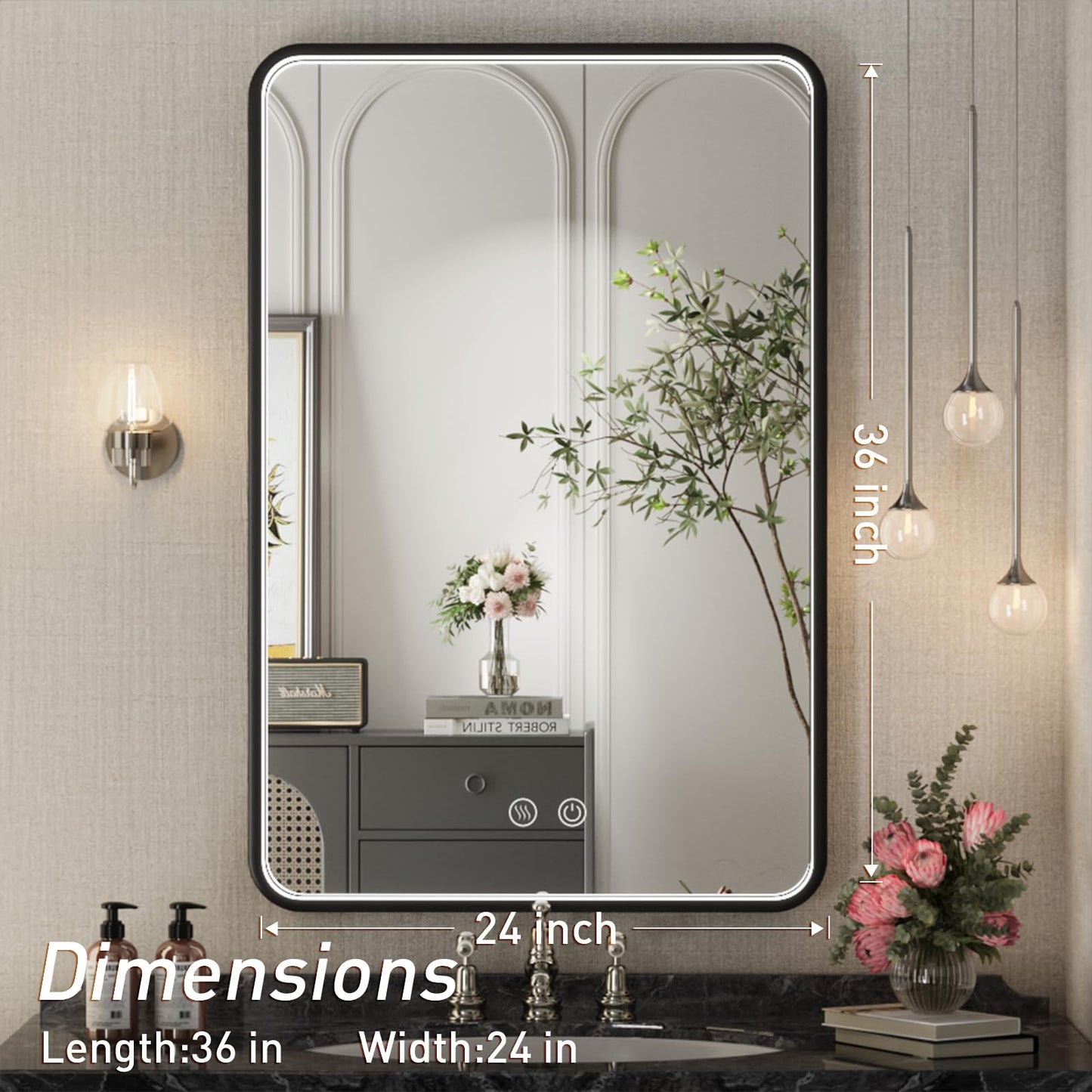 FTOTI 36x24 Inch LED Bathroom Mirror with Lights, Black Metal Frame Mirror, Wall Mounted Lighted Vanity Mirrors for Wall, Anti Fog Dimmable Led Mirror for Makeup