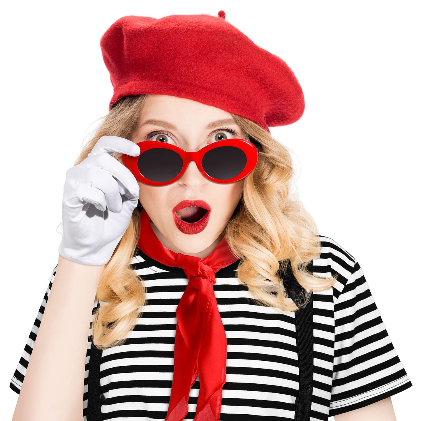Zhanmai French Mime Artist Costume Set for Women Red Beret Sunglasses Neck Scarf Gloves Suspenders for Costume Party(M)