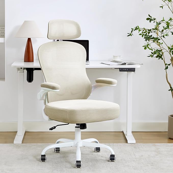 TUKAKA Ergonomic Office Chair,Ultra Thick Office Desk Chair with Adjustable Lumbar Support and Headrest,Spring Cushion,Rocking Function,Flip-up arms,Mesh Computer Chair for Home Office,Khaki