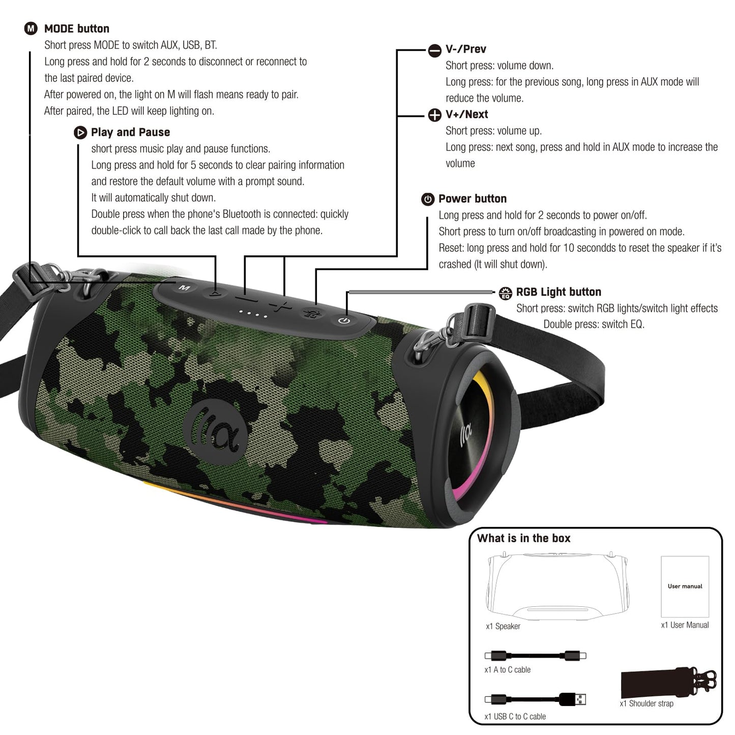 TAZATA Portable Bluetooth Speaker 80W RMS,120W Peak Loud Subwoofer Wireless Stereo with HD Sound,8H Playtime IPX7 Waterproof for Party cmaping Beach (CAMO-80W RMS/120W Peak)