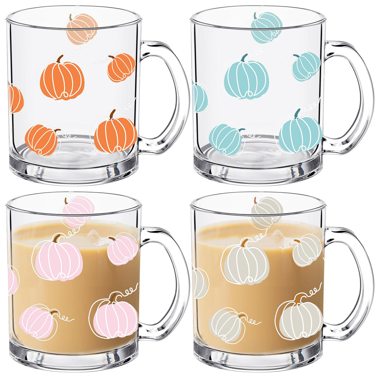 RimCereal 4 Pcs Thanksgiving Fall Glass Coffee Mugs with Handle Pumpkin Mug Cute Pumpkin Coffee Cups Autumn Harvest Fall Glass Cup for Drinking Beverage Tea Milk, 12oz