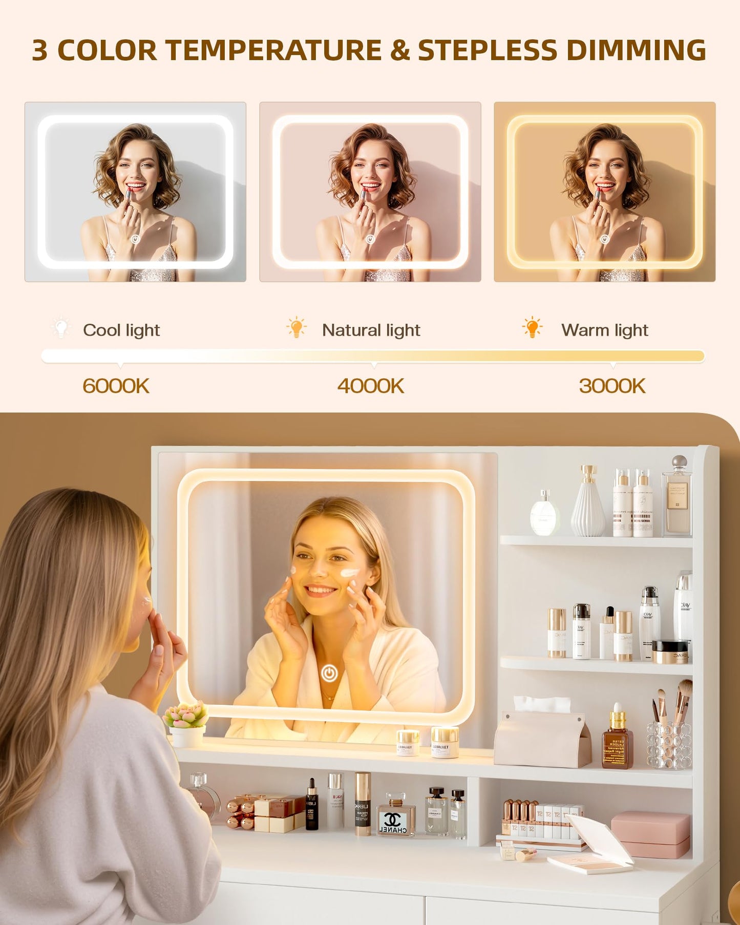 LIVELYGLOW Makeup Vanity Desk with Smart LED Mirror & Charging Station, 34.1" White Vanity Table Set with Cushioned Stool, 4 Drawers & Hairdryer Rack, Modern Bedroom Dressing Table-White