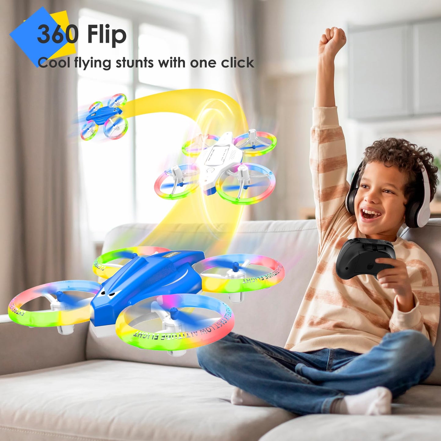Lisoco Drone, Mini Drone for Kid and Beginner with Led Light, Small Indoor Rc Drone with 360 Flip, 2 Batteries, One Key Take Off Landing, Kids Flying Toy Gift for Boy and Girl（Dark Blue)