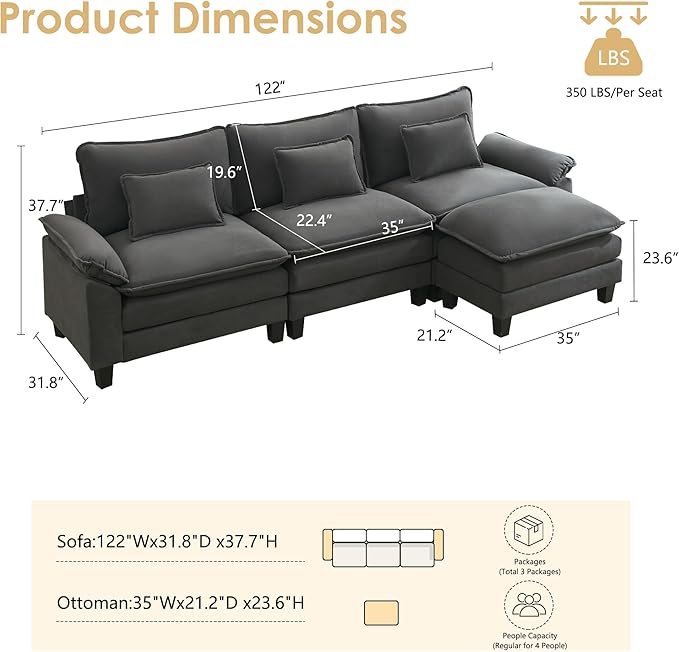 URRED Cloud Couch Modular Sectional Sofa, 122'' Modern L Shaped Deep Seat Sofa with Ottoman & Pillows, Ultra Comfy Velvet Couches for Living Room, Bedroom or Apartment, Dark Gray
