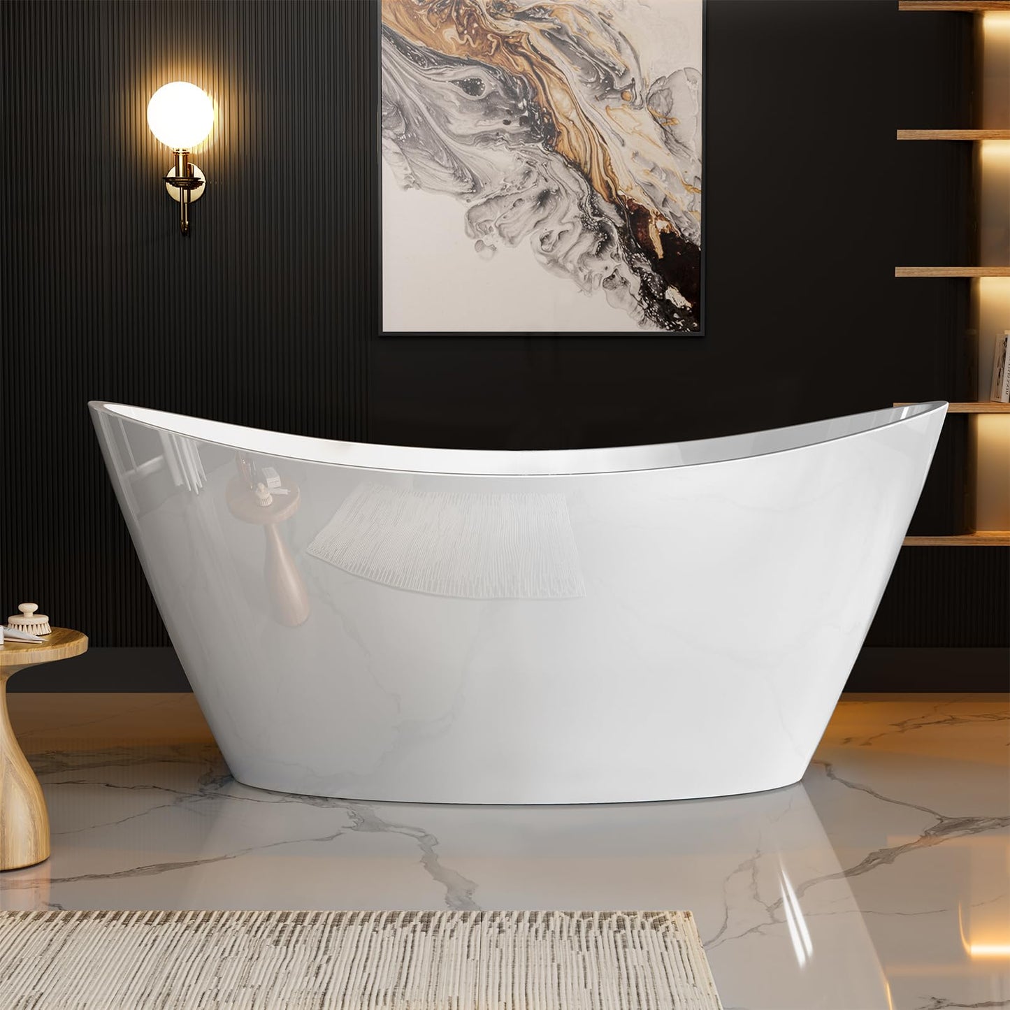 Empava 59" Freestanding Bathtub, Luxury Acrylic Soaking Tub with Custom Contemporary Design, Includes Brushed Nickel Drain and Overflow, Easy Installation, cUPC Certified, White