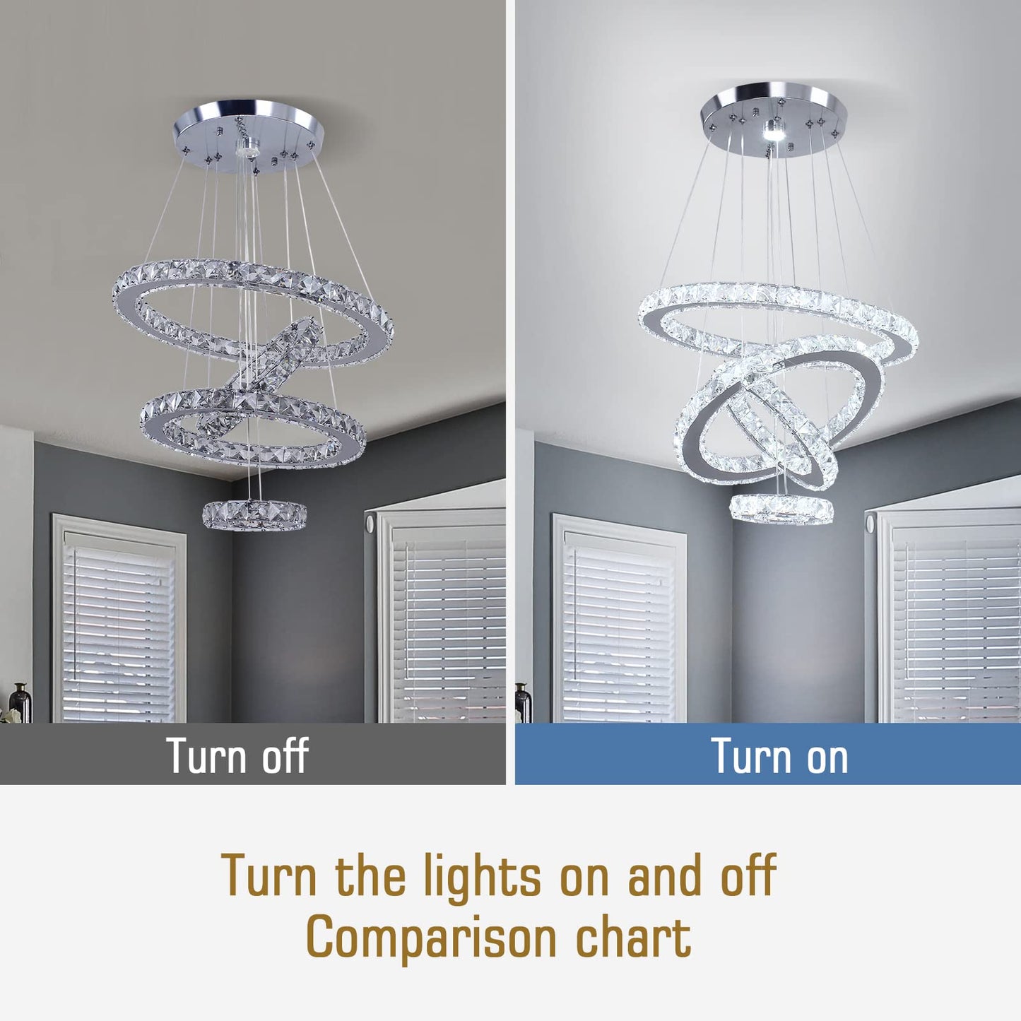 diisunbihuo Crystal Chandeliers Modern LED Rings Pendant Light Adjustable Stainless Steel Ceiling Light Fixture for Living Room Dining Room Bedroom (Cool White)