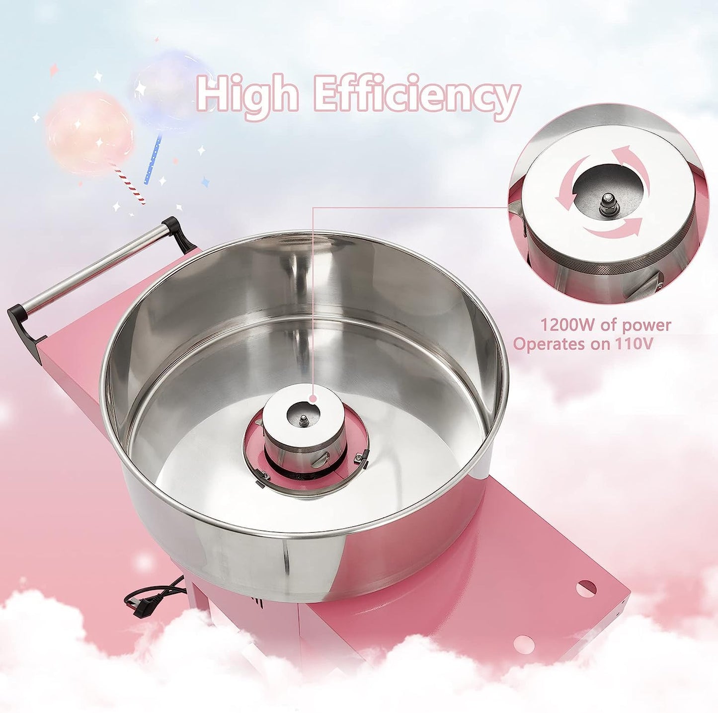 RIEDHOFF Cotton Candy Machine with Cart, Electric Cotton Candy Maker with 20 inch Stainless Steel Bowl for Family, Party, Amusement Park, Carnival- Pink