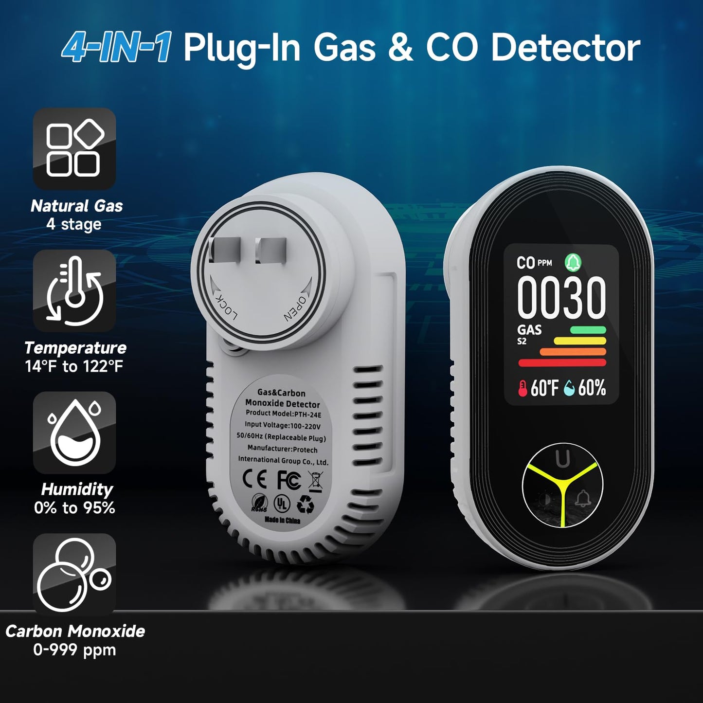 Travel Carbon Monoxide Detectors Plug in: Plug and Play C0 Monitor for Home - Portable 4-in-1 Natural Gas and Carbon Monoxide Alarm with Temperature(°F) & Humidity for RV Hotel - 1 Pack