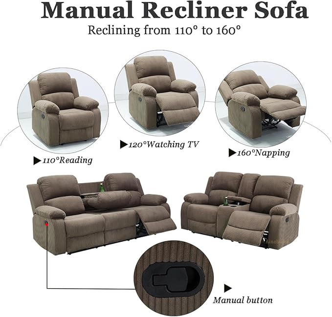A Ainehome 2 Pieces Living Room Furniture Sets with Storage, Corduroy Sofa Sets Manual Recliner Sofa Set, Reclining Couches and Loveseat Furniture Set for Living Room/Rv/House/Office, Taupe
