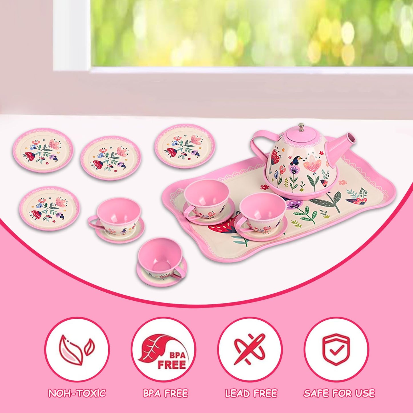 Fairy Toona Floral Tea Party Set for Little Girls Ages 3-6, 15-Piece Pretend Play Kitchen Toys with Teapot, Cups, Plates & Storage Case, Princess Gift Set (Pink)
