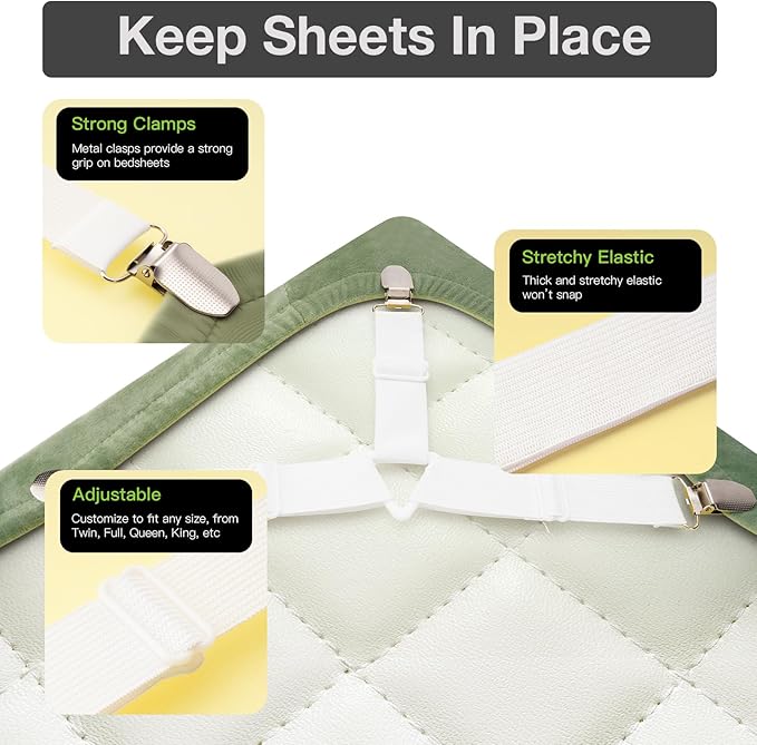 EasYoung 8PCS Bed Sheet Holder Straps, Adjustable Elastic Fasteners with Metal Clips, Keep in Place Fitted Bedding Holder, Easy Install for Wrinkle Bedding Sheet