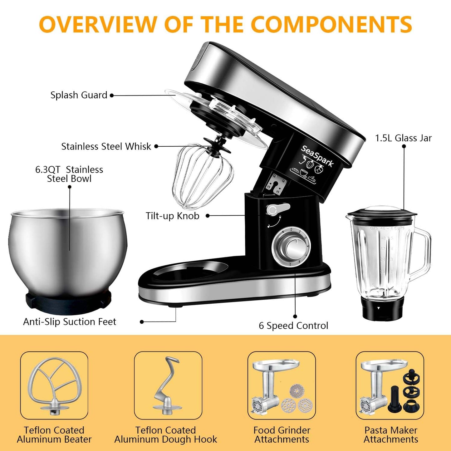 SeaSpark Multifunctional Stand Mixer, 6 in 1 Stand Mixer, 6.3Qt Tilt-head, Standing Mixer with Stainless Steel Bowl, Meat Grinder, Juice Blender, for professional Baking and Most Home Cooks, Black