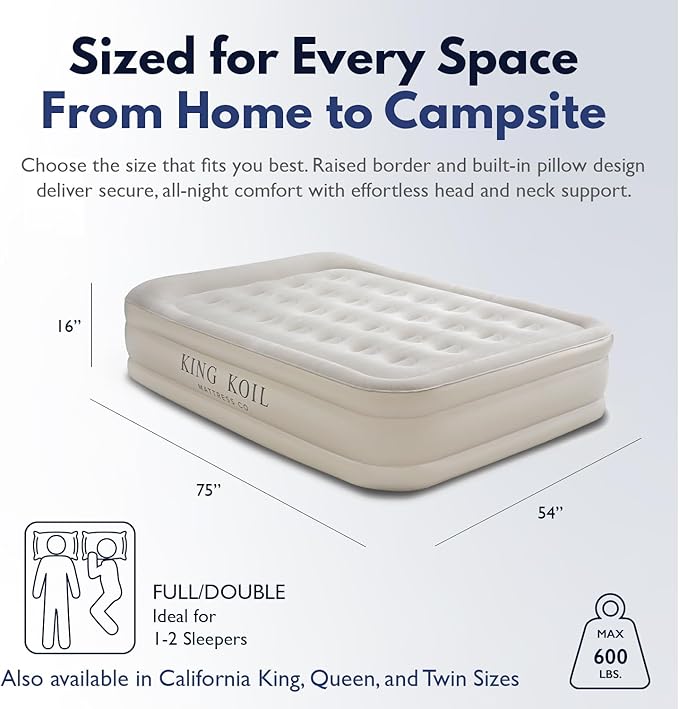 King Koil Luxury Air Mattress 16in Full Size Beige with Built-in Pump for Home, Camping & Guests-Inflatable Airbed Luxury Double High Adjustable Blow Up Mattress, Durable - Portable and Waterproof