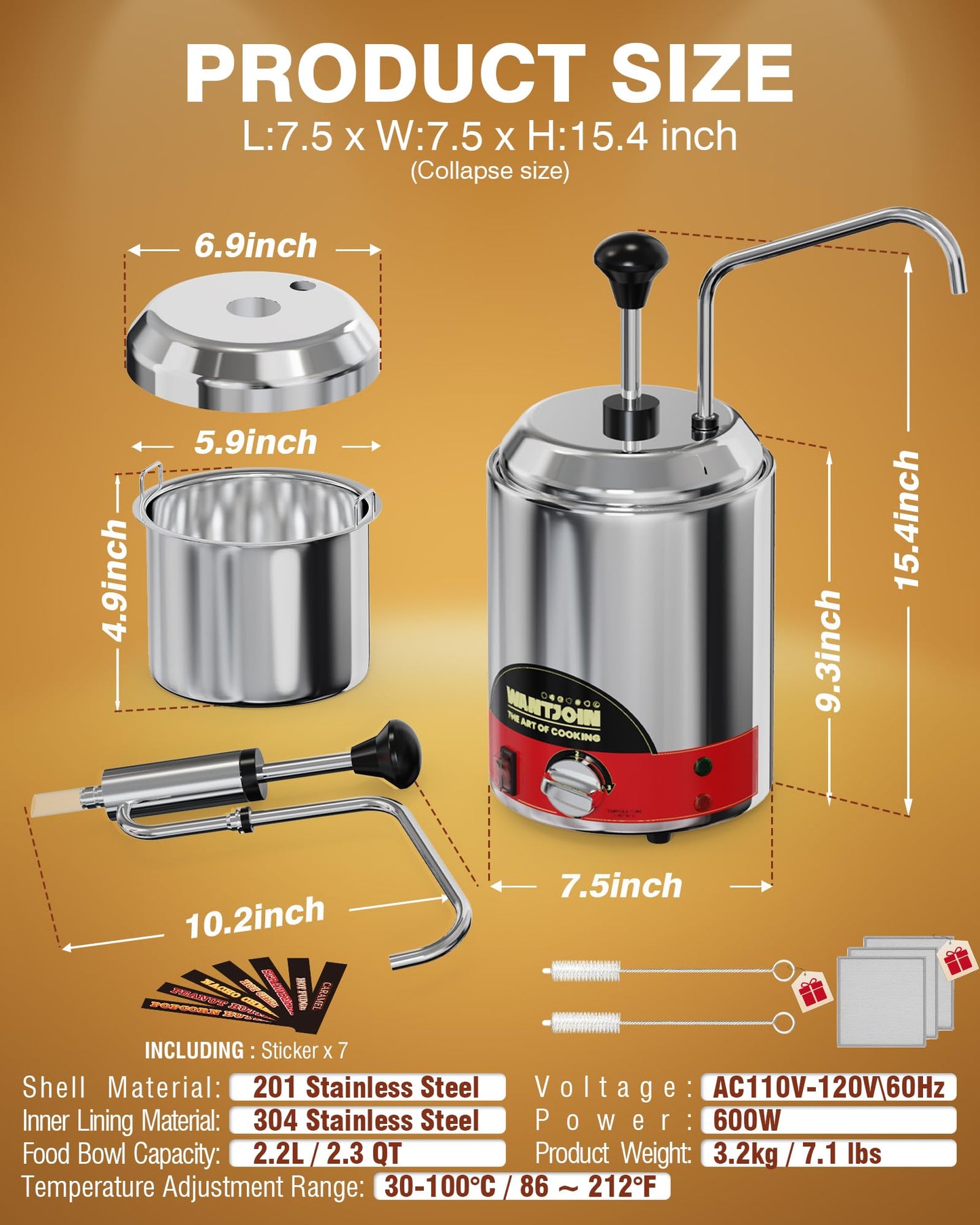 WantJoin Nacho Cheese Dispenser with Pump - 2.6 Qt Cheese w/Warmer Stainless Steel Pump Hot Fudge Warmer 86-185°F Temperature Control, Commercial Nacho Cheese Warmer Dispenser for Hot Fudge Caramel