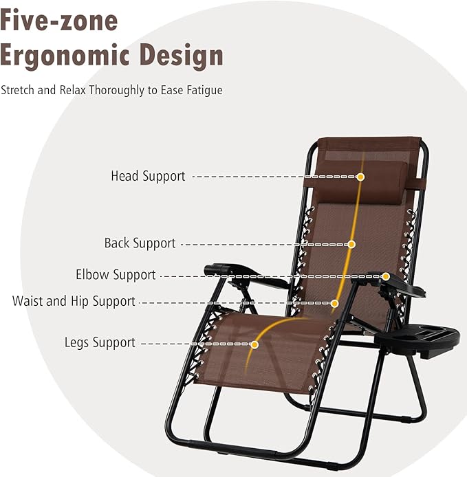 Tangkula Set of 2 Zero Gravity Chair, Folding Patio Lounge Chair Adjustable Outdoor Recliner with Cup Holder, Wide Armrest for Patio Garden Poolside Outdoor Yard Beach, Support 350 lbs (2, Brown)