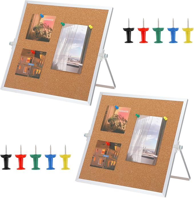 2 Pack Cork Board Bulletin Board, Double Sided Pin Board with Silver Aluminum Border, Desktop Small Cork Board with Stand ...