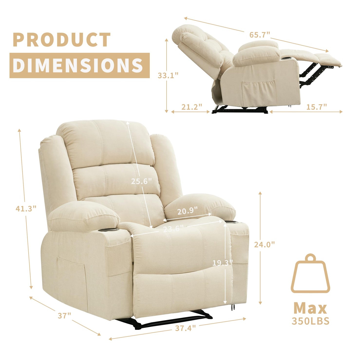 GarveeHome Wide Manual Recliner Chair for Adults – Widen Oversize Overstuffed Breathable Fabric Lounge Chair with 3 Angle Modes 2 Cup Holders Side Pockets