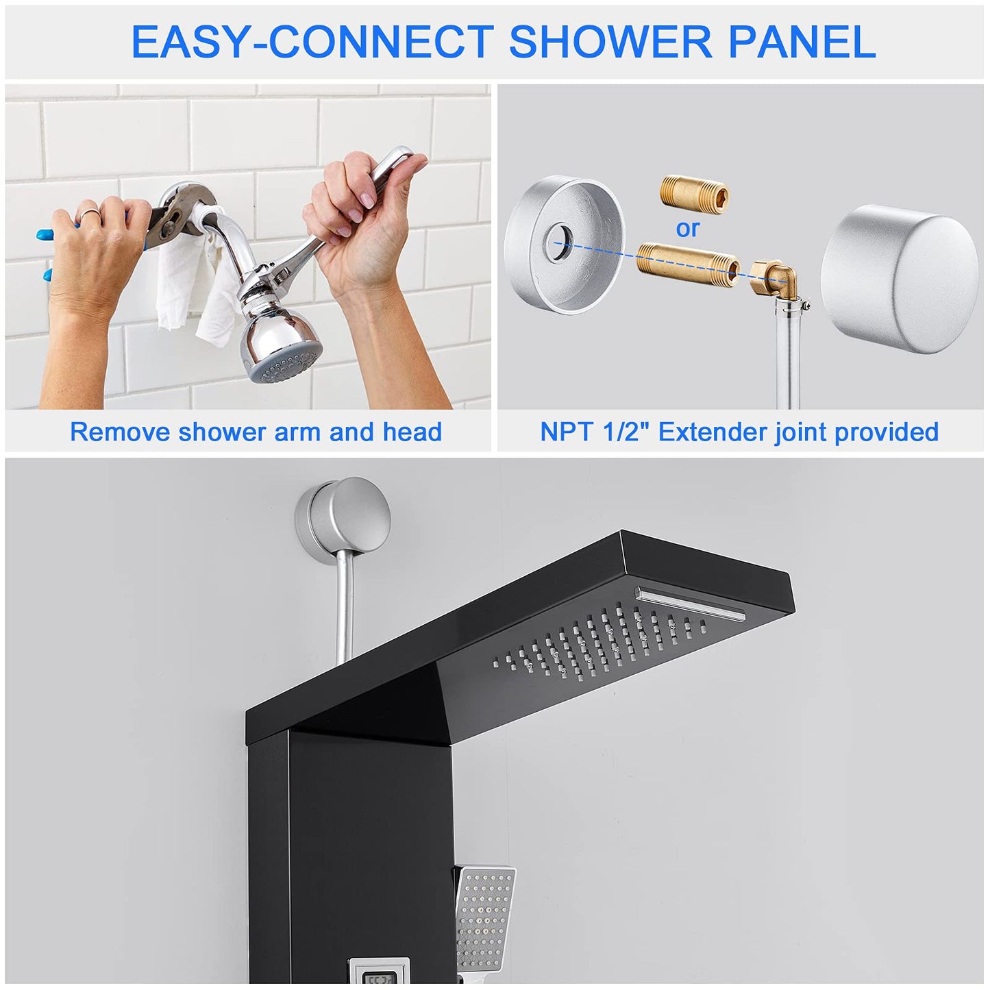 ROVOGO Retrofit Shower Panel with LED Rain Shower, 2 Body Jets and Handheld, Easy Connect Stainless Shower Tower Column with Temperature Display, Black (NOT INCLUDE ROUGH-IN VALVE)