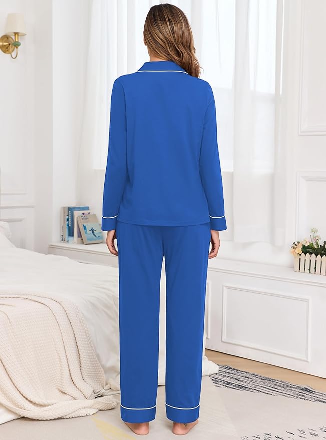 Veseacky 100% Cotton Pajamas for Women Set Long Sleeve Button Down Sleepwear Soft Pjs Lounge Sets with Pockets XS-XXL