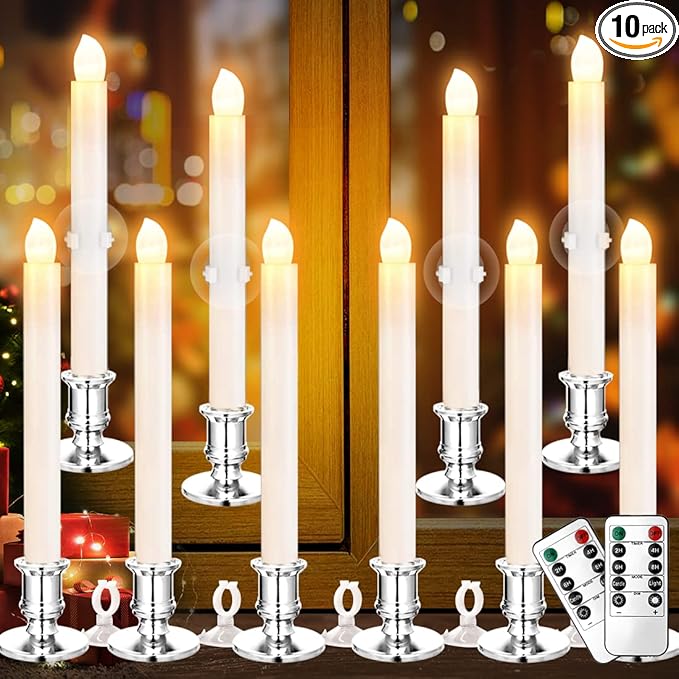 YAUNGEL Window Candles, 10 Pack LED Battery Operated Christmas Candles for Windows with Remote Electric Candle Lights with Removable Candle Holders Suction Cups for Christmas Decorations, Silver