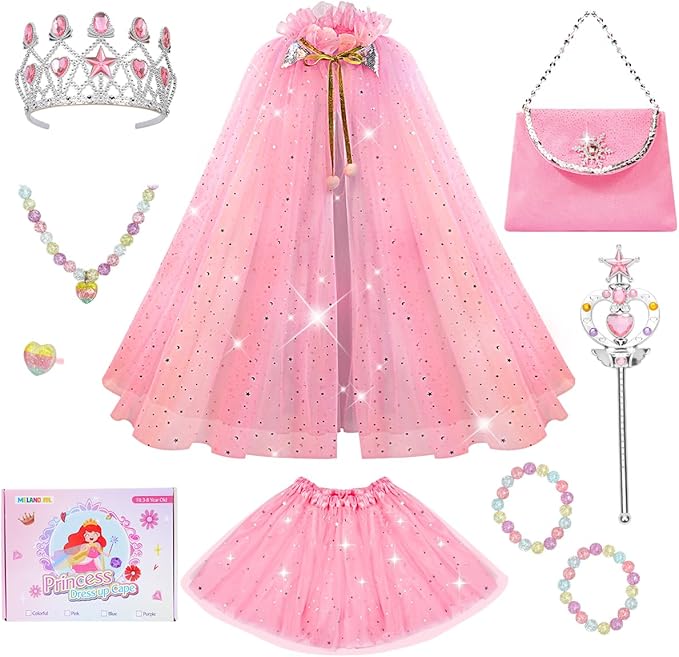 Meland Princess Dress up Clothes for Girl, Princess Cape with Kid Crown Toys, Birthday Gifts for Toddler Girls 3,4,5,6,7,8