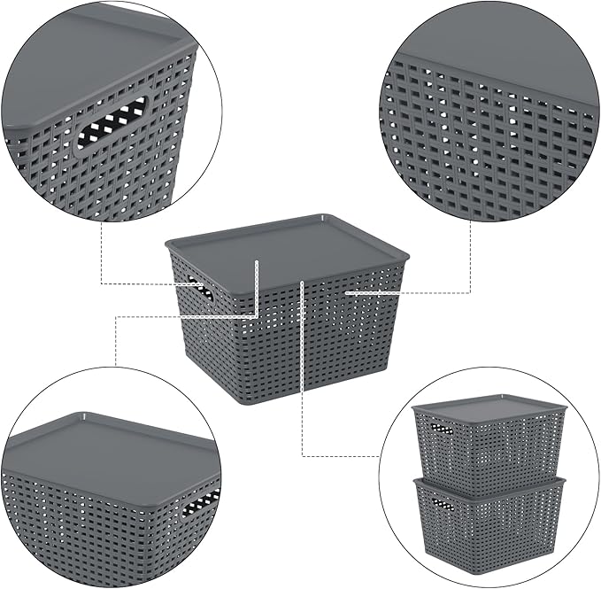 6-Packs Grey Woven Storage Baskets Bins with Lids, Plastic Large Stackable Baskets Box, 13.58'' x 11.42'' x 8.7''