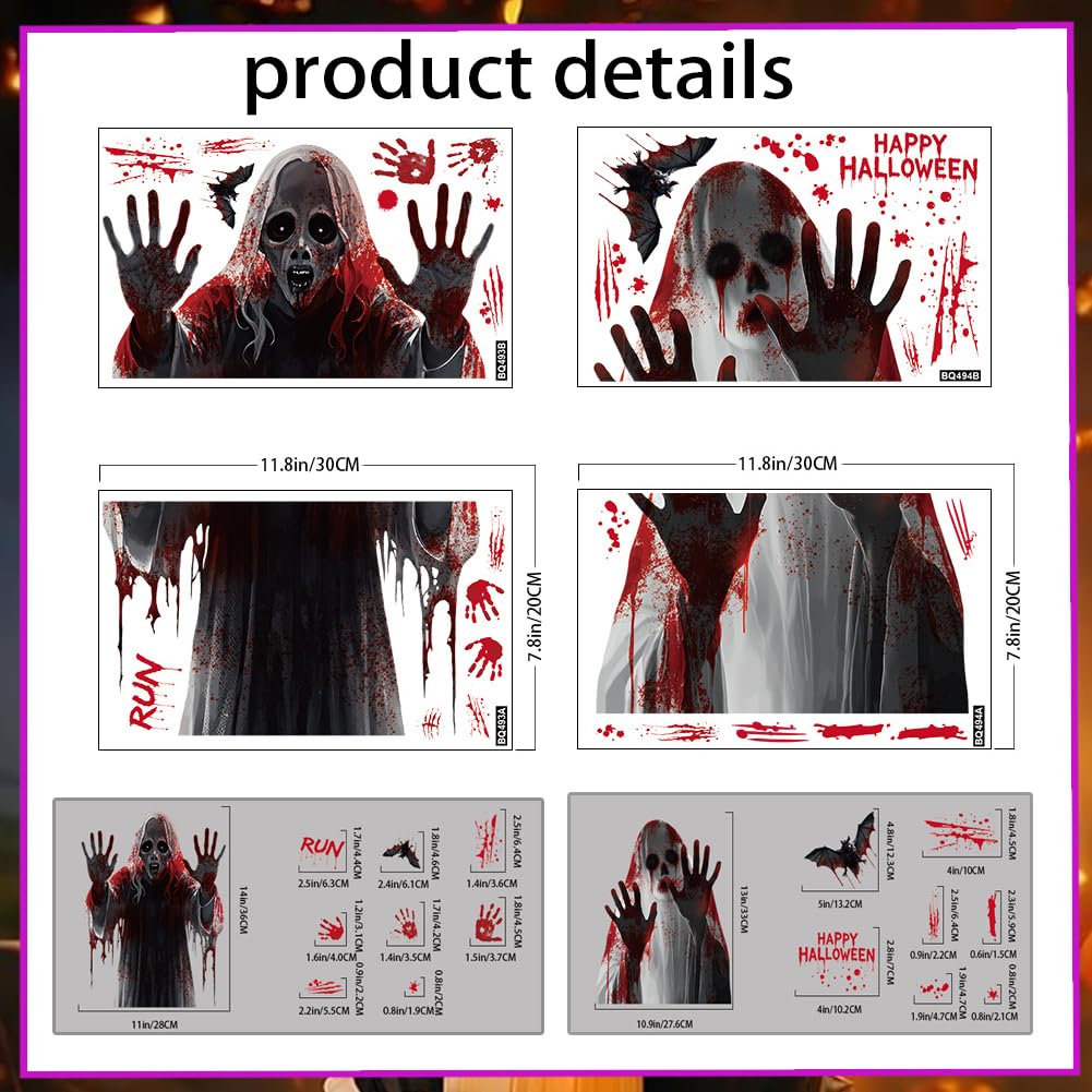 Halloween Window Clings Decorations - Scary Ghost & Death Stickers Scary Halloween Party Blood Stickers Decor for Home Classroom Windows Indoor/Outdoor Use - 8 Sheets