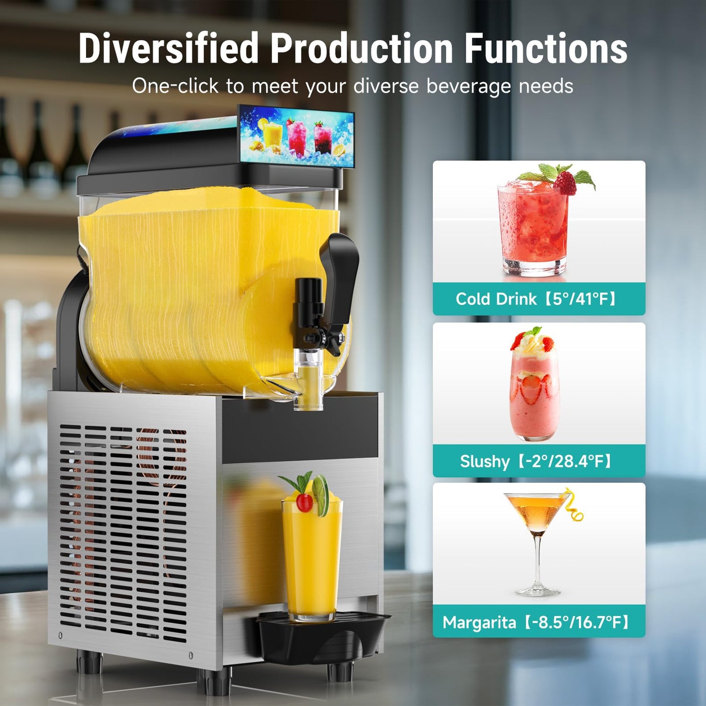 15L Commercial Slushy Machine with LED Light, 15L×1 Tanks Commercial Frozen Drink Machine, Stainless Steel Margarita Slushie Maker, Quick Making, for Wine Cocktails, Daiquiri Juice, Coffee