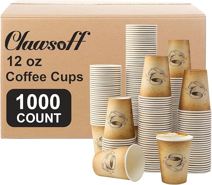 Clawsoff 12 oz 1000 Pack Disposable Paper Coffee Cups, Hot/Cold Beverage 12oz Disposable Coffee Cups, Retro Design, Leak-P...