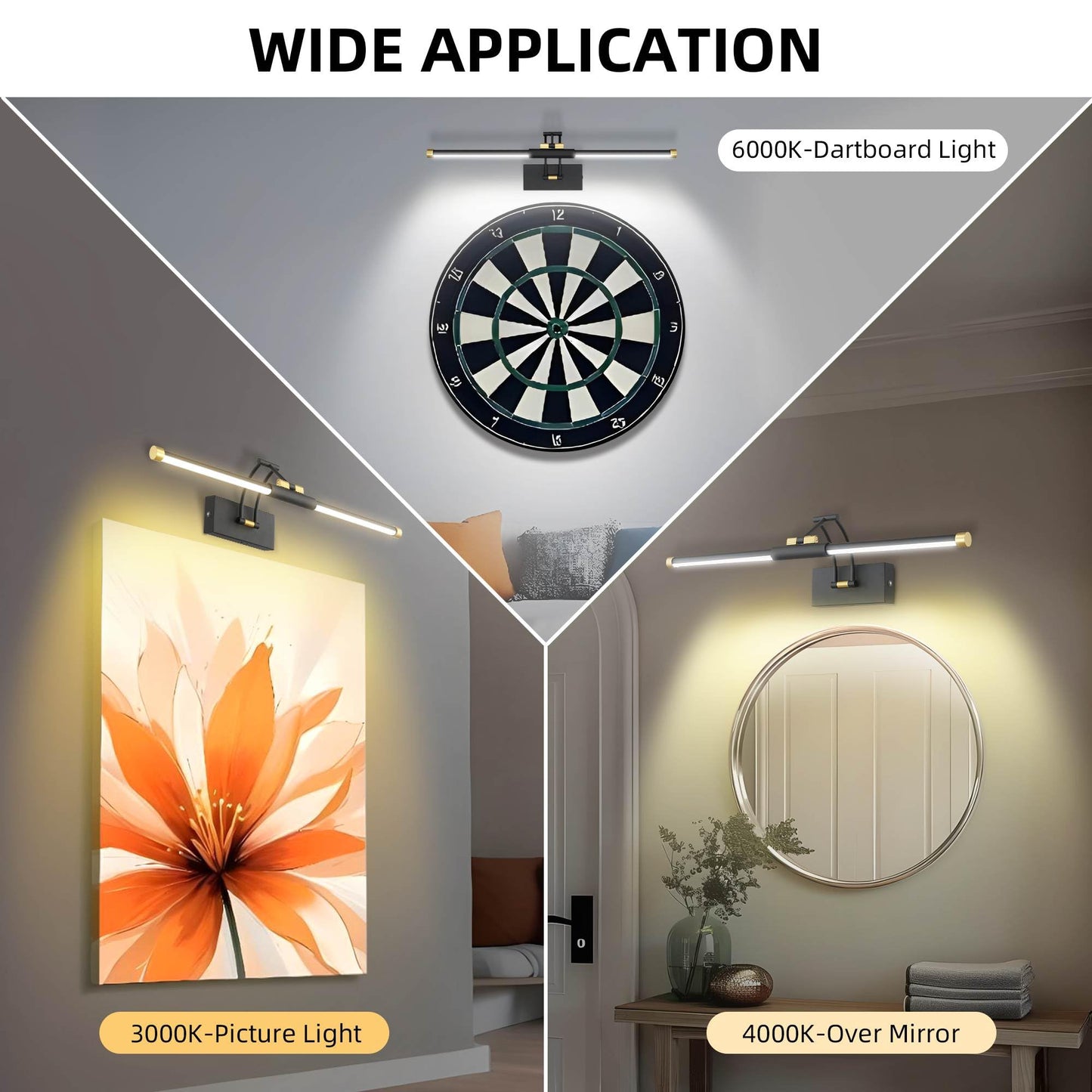 24“ Picture Lights for Wall Battery Operated, Wireless Picture Lights with Remote, Rechargeable Wall Light 3000K/4000K/6000K Dimmable, Art Lighting for Paintings Frame Gallery Dartboard, Black Gold