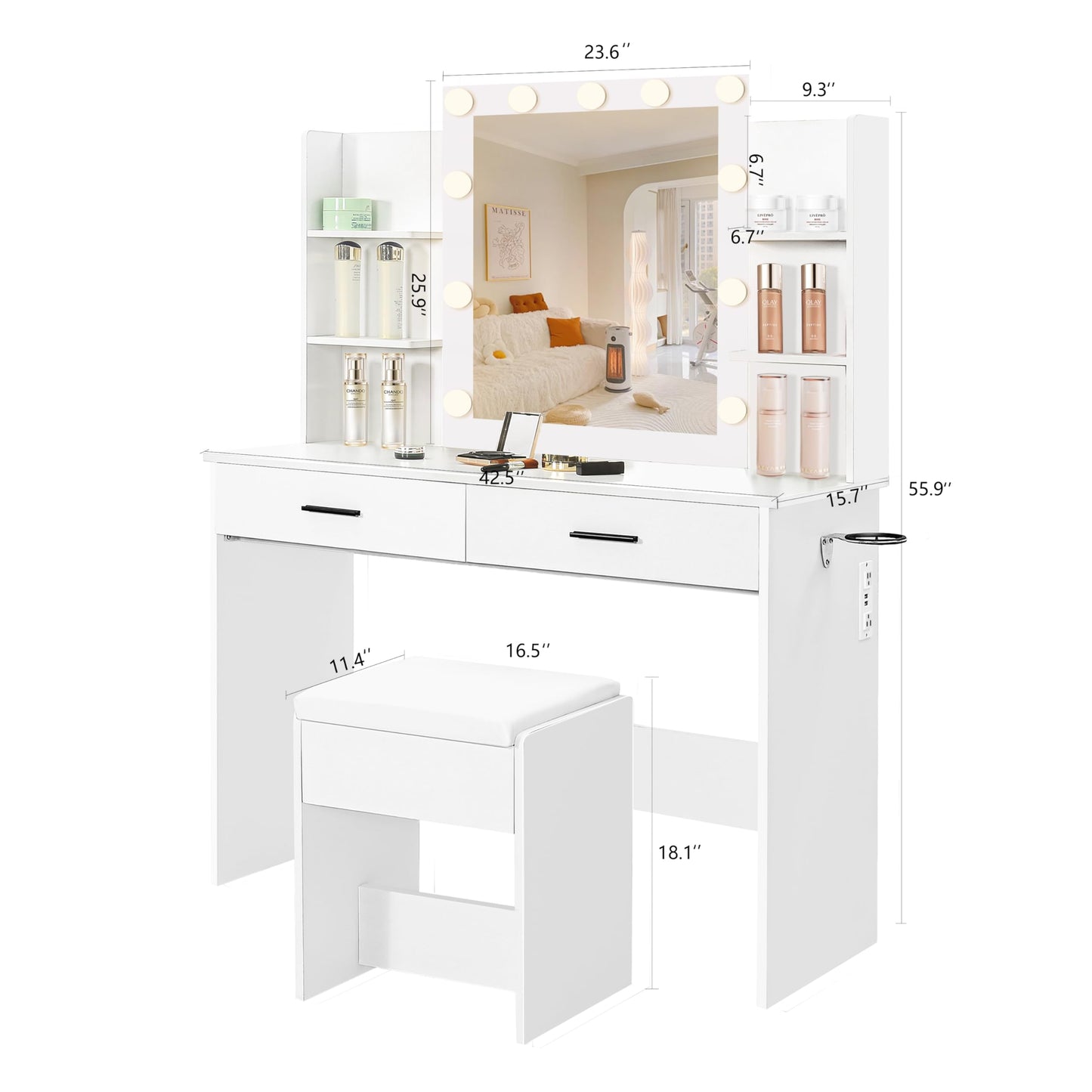 KAMABOKO Makeup Vanity with LED Lighted and Large Mirror, Vanity Desk with Drawers & Power Outlet, 3 Lighting Colors, Dressing Table with Cushioned Stool, White