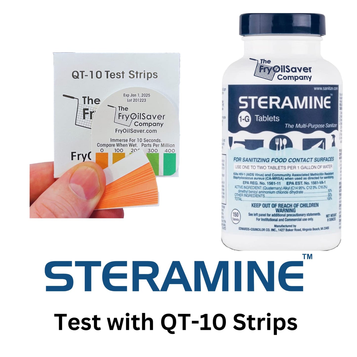 Pack of 6 (900 Tab) Steramine Sanitizing Tablets w/ 30x QT-10 Test Strips by FryOilSaver Co., Steramine Multi Purpose Contact Solution Sanitizer Tablets for Gym, Hotel, Bar, Restaurants & Food Service