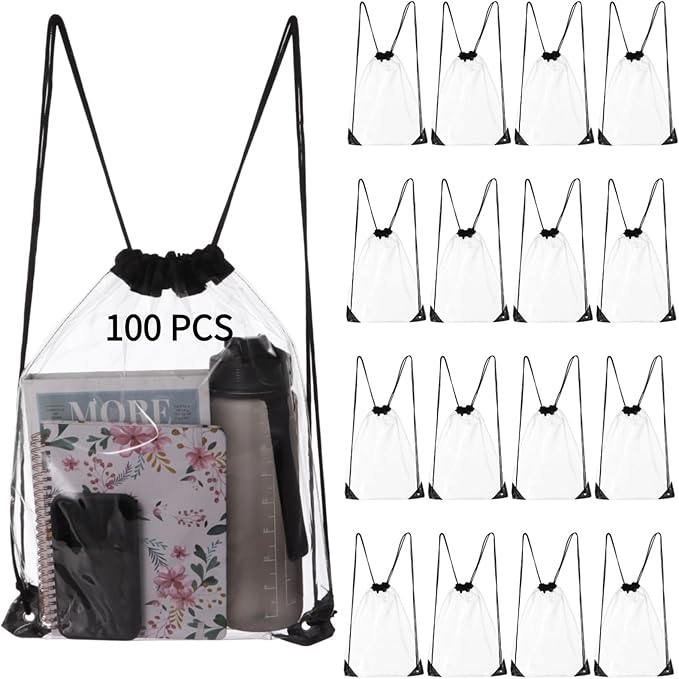 Homaisson 100 PCS Drawstring Backpacks Bags, Clear Bulk Plastic Bags for Men Women Gym Sport Colleges Event Security, Port...