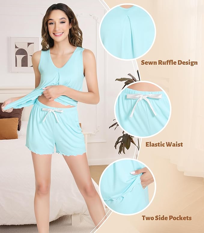 NACHILA Pajamas for Women-Viscose from Bamboo, Ribbed Racerback Tank Top Sexy Split Shorts Pajama Sets Cooling Sleep Cami Pjs