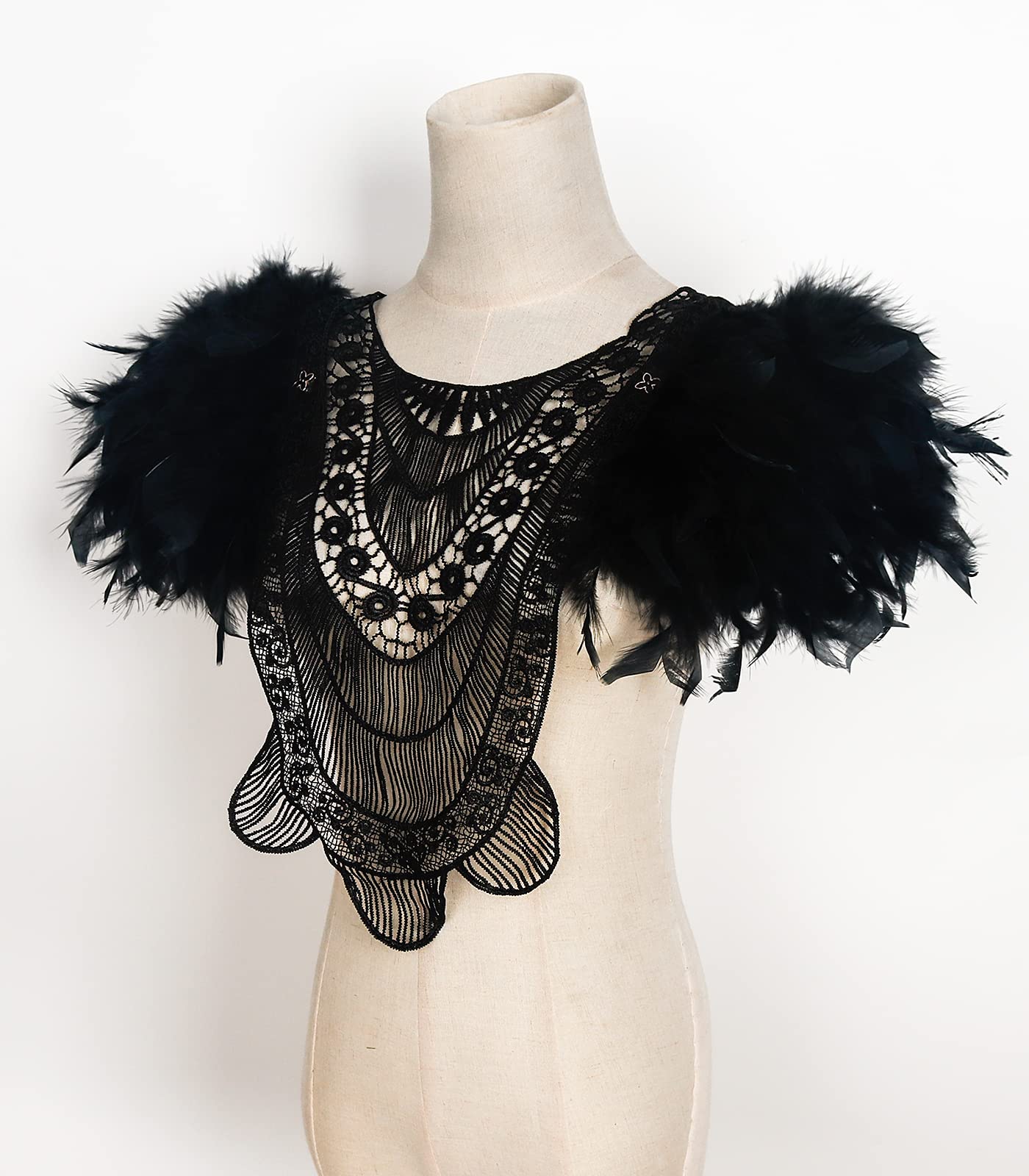 L'VOW Natural Real Feather Steampunk Lace Epaulet Shoulder Wings Gothic Halloween Costumes for Women and Men(Black)