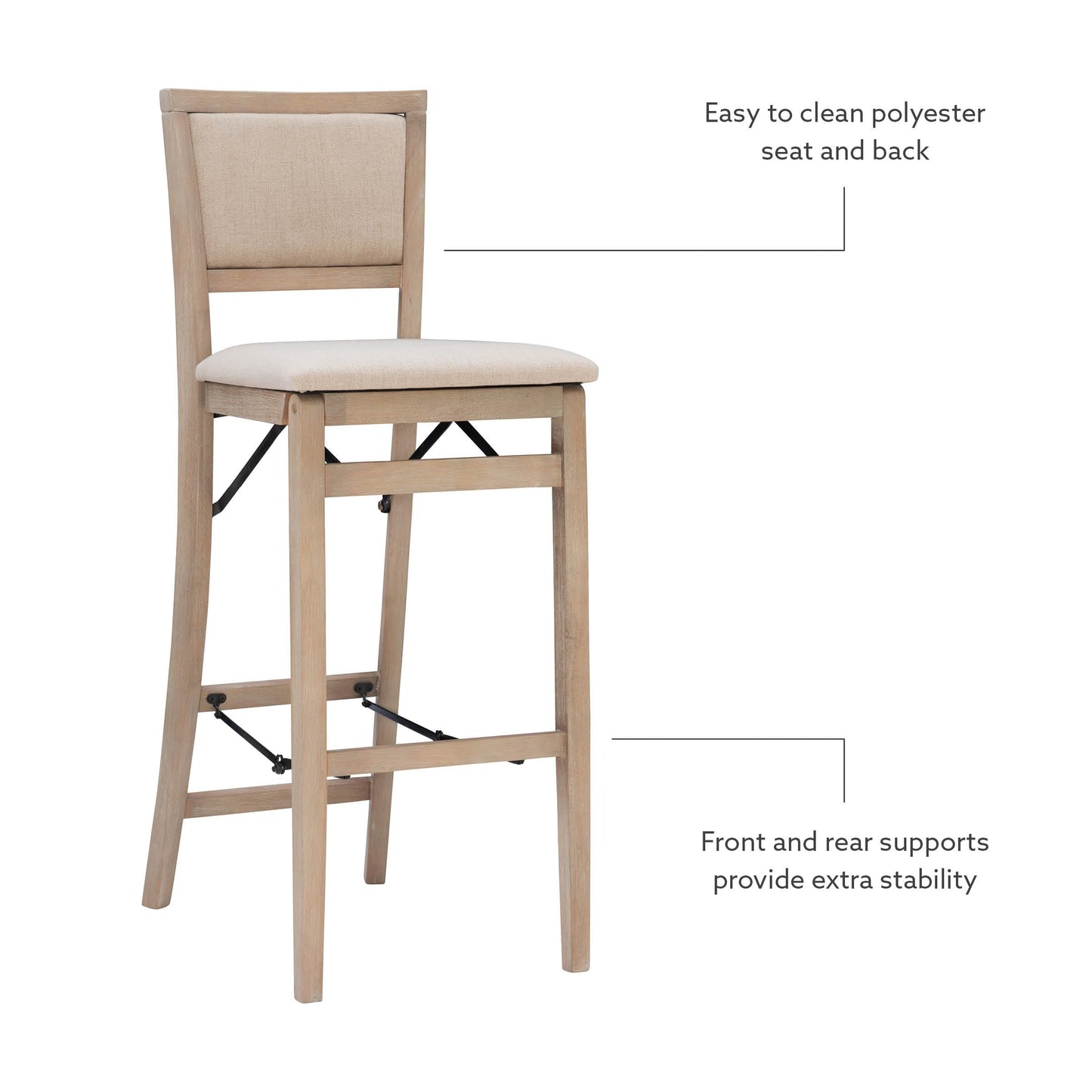 Linon Keira Natural Rustic Wooden Folding Barstool with Beige Upholstered Seat and Back