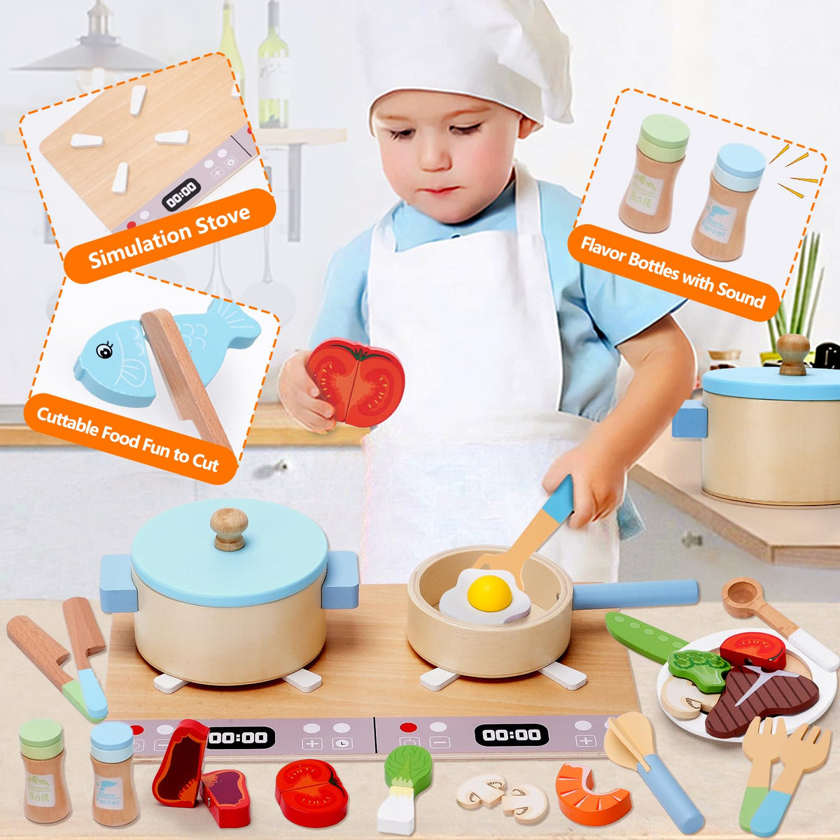 Play Kitchen Accessories, Wooden Play Cooking Set, Pretend Play Kitchen Set for Kids, Including Stove, Cookware Pots and Pans, Cooking Utensils Playset, Cutting Food Playset for Girls Boys Toddler