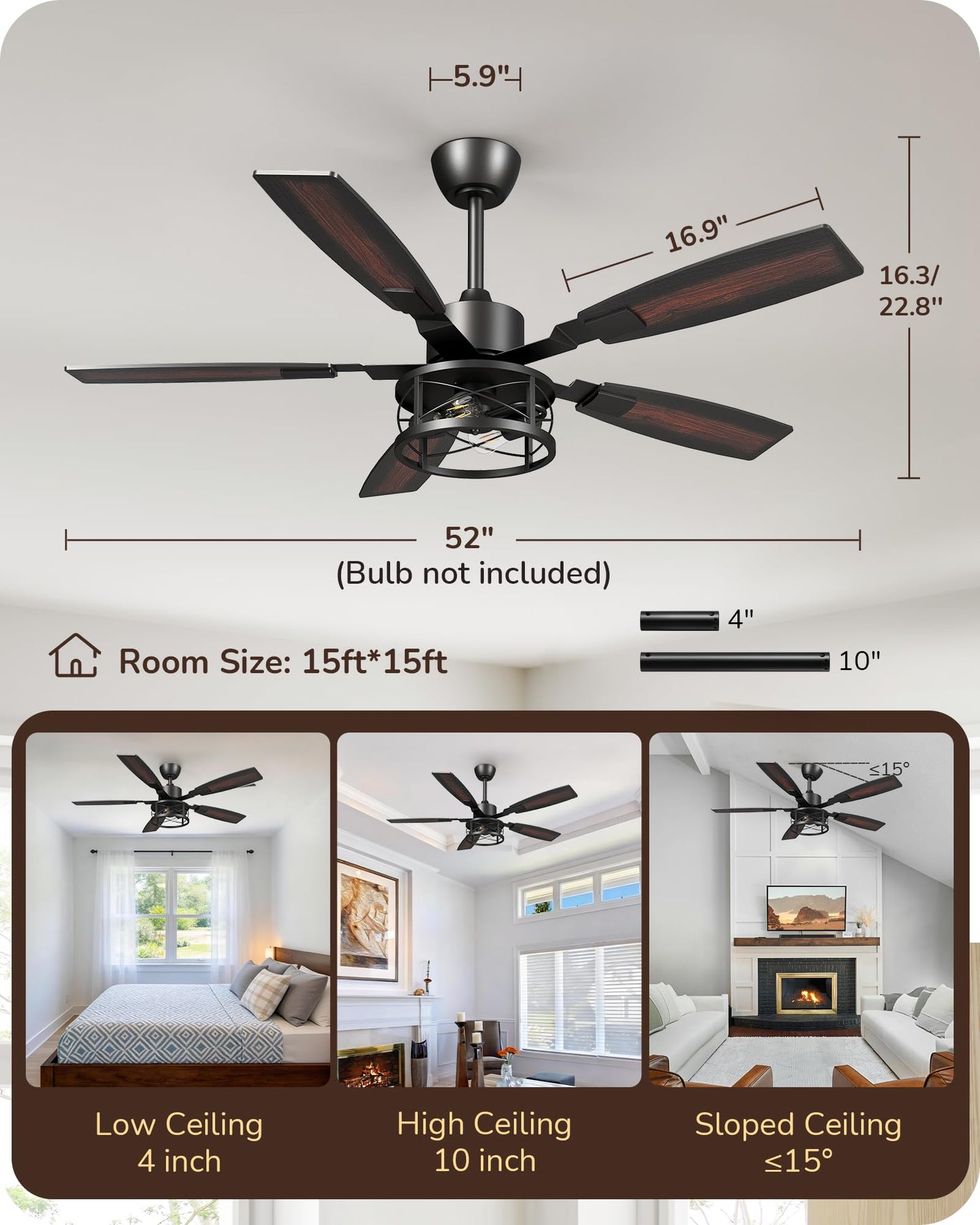 EDISHINE 52" Farmhouse Ceiling Fans with Lights and Remote, 10%-100% Dimmable, Reversible DC Motor, 6 Speed, 5 Wooden Blades, Timer, Rustic Caged Fandelier Ceiling Fan for Living Room, Bedroom